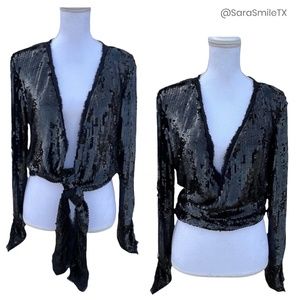 CECILIA DE BUCOURT Designer Black Sequin Long Sleeve Wrap Top NWOT